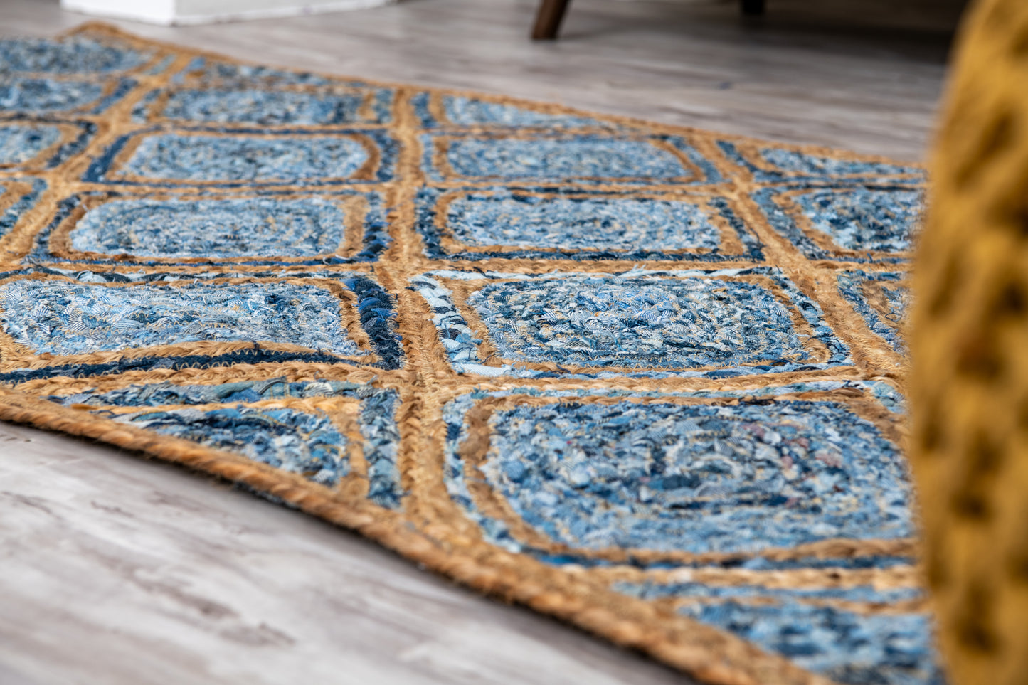 Artisanal Diamond Pattern Rug - Natural Jute & Denim - Rectangle