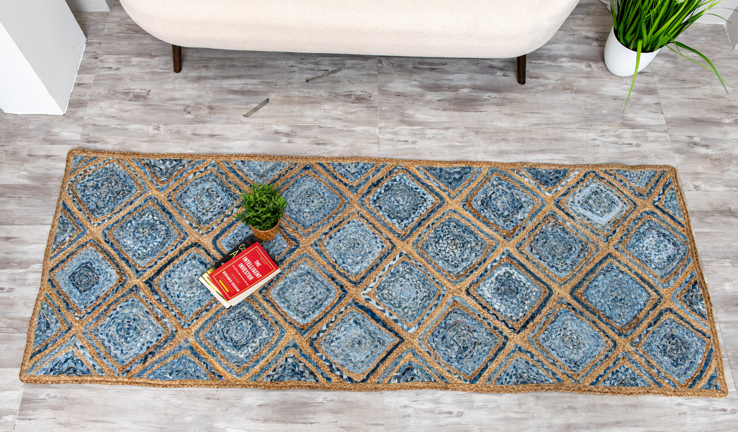 Artisanal Diamond Pattern Rug - Natural Jute & Denim - Rectangle