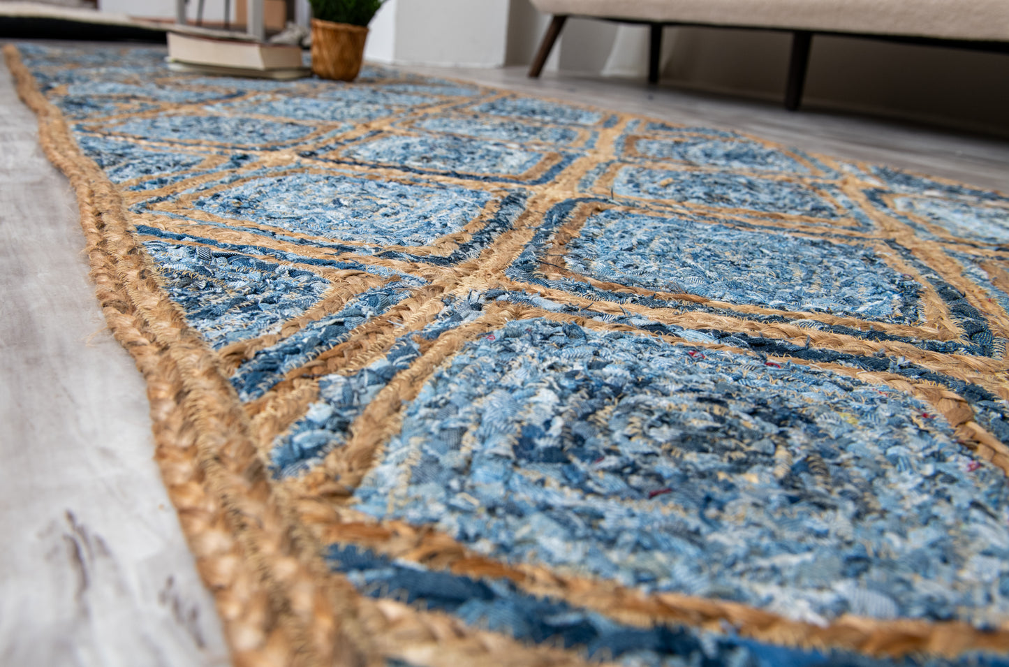 Artisanal Diamond Pattern Rug - Natural Jute & Denim - Rectangle