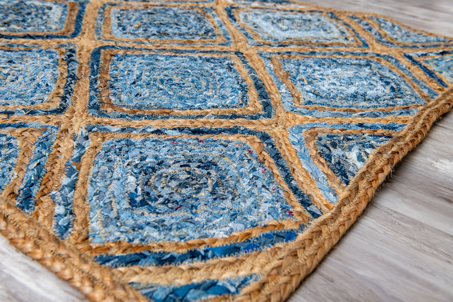 Artisanal Diamond Pattern Rug - Natural Jute & Denim - Rectangle