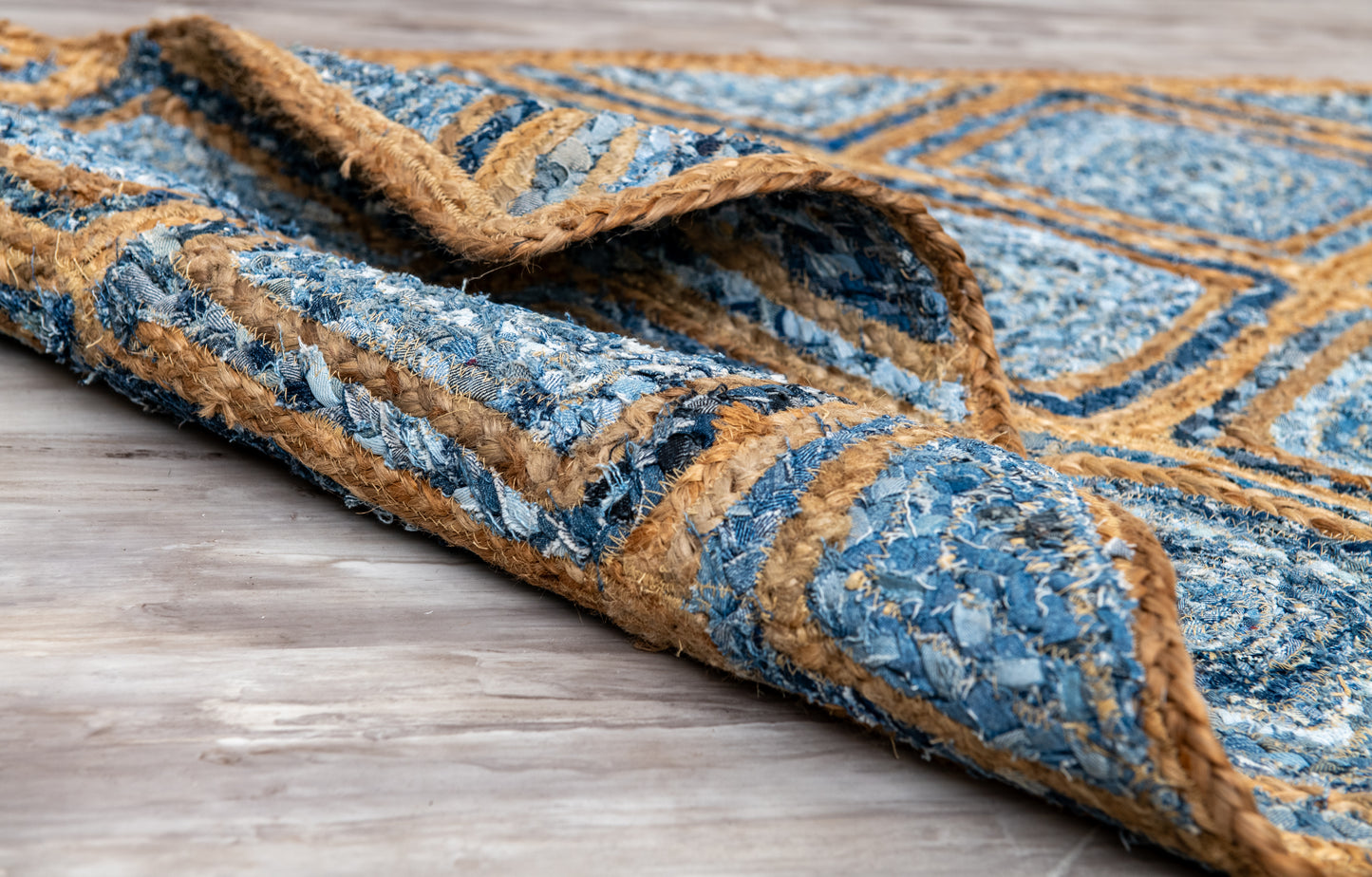 Artisanal Diamond Pattern Rug - Natural Jute & Denim - Rectangle