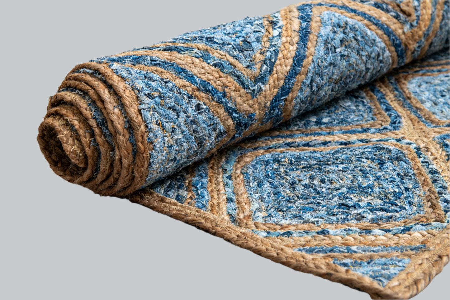 Artisanal Diamond Pattern Rug - Natural Jute & Denim - Rectangle