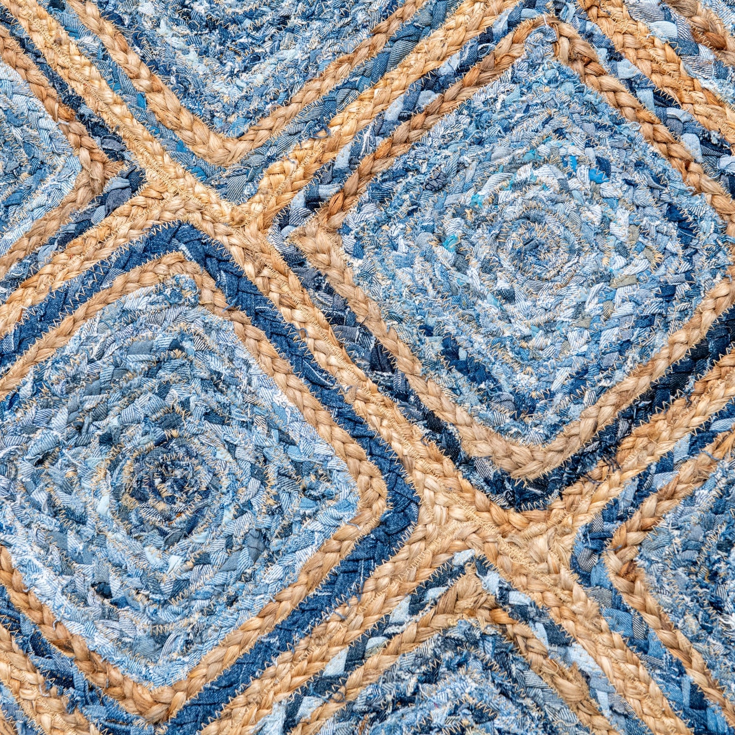 Artisanal Diamond Pattern Rug - Natural Jute & Denim - Rectangle
