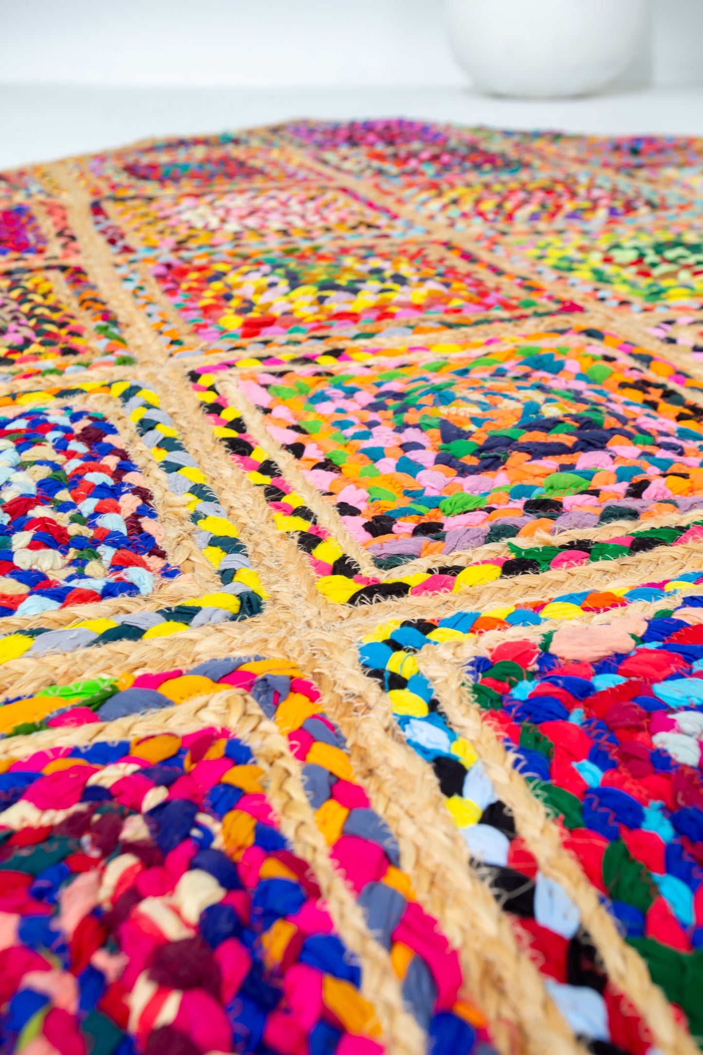 Contemporary Handmade Braided Rug - Jute and Chindi - Colorful Diamond