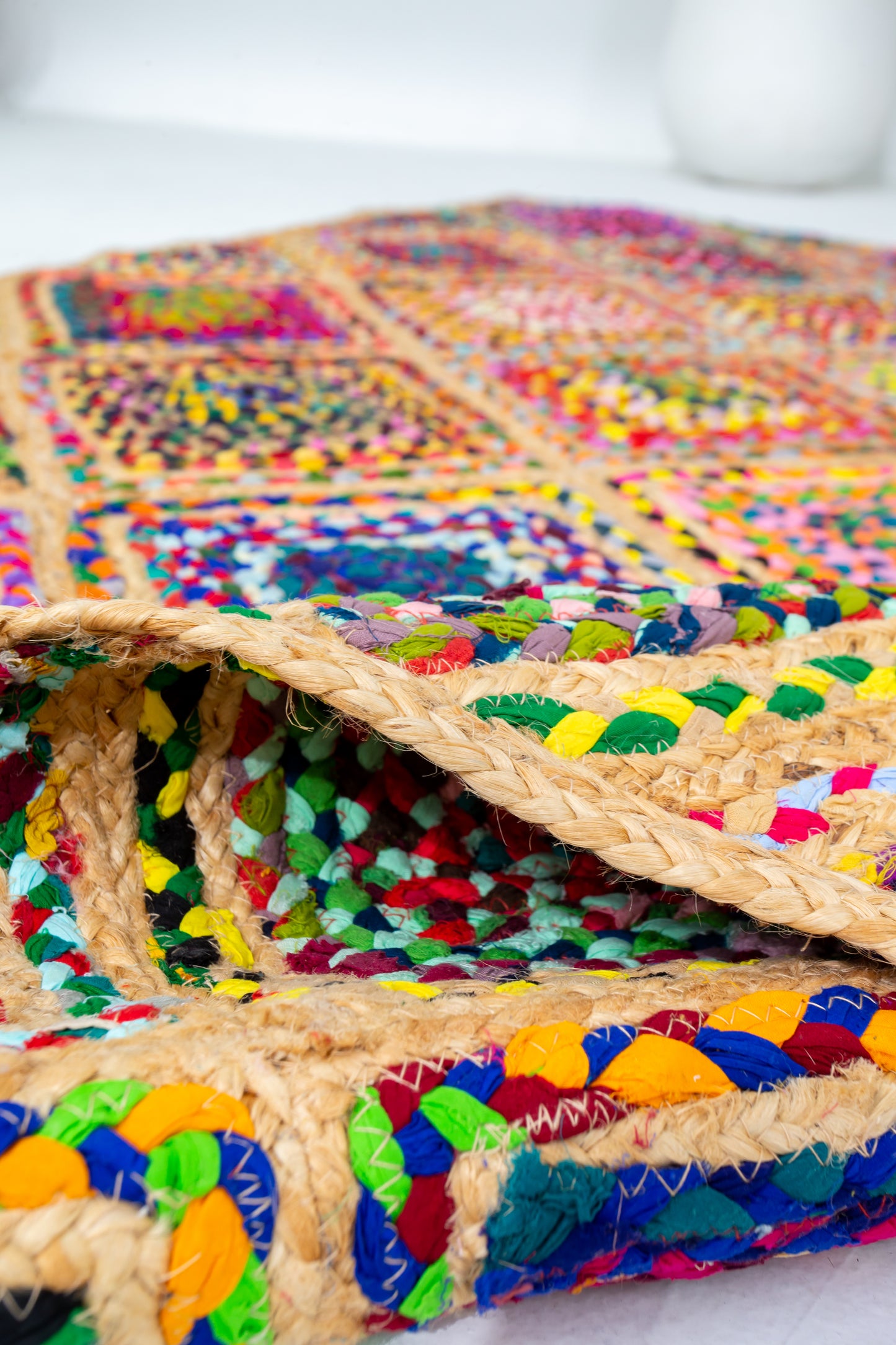 Contemporary Handmade Braided Rug - Jute and Chindi - Colorful Diamond