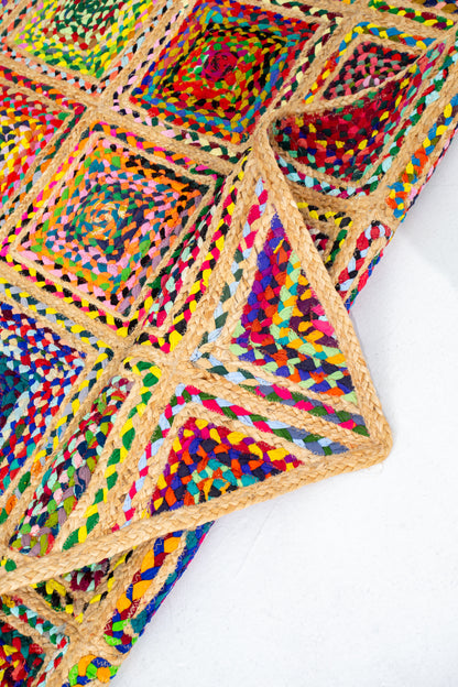 Contemporary Handmade Braided Rug - Jute and Chindi - Colorful Diamond